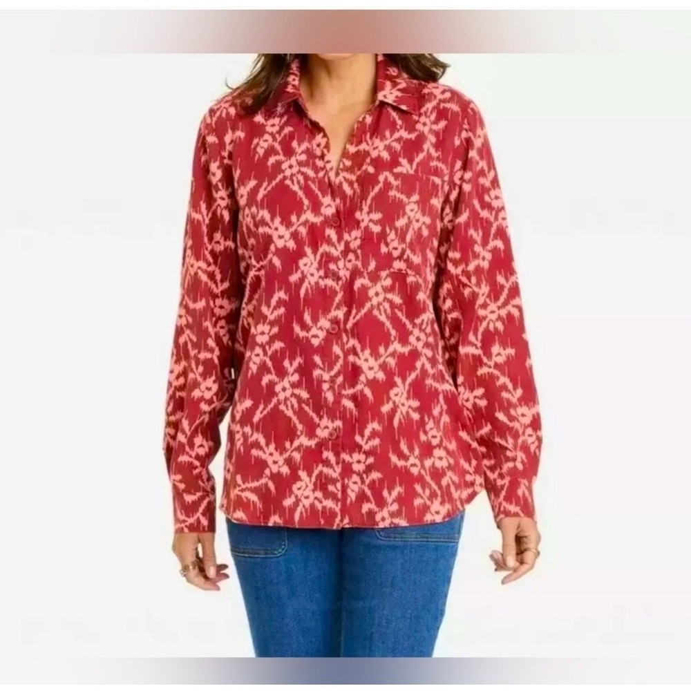 Knox Rose Sz L Deep Hibiscus Long Sleeve Button-Down Shirt Hi Lo Blouse Oversize